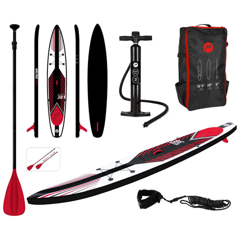 A paddleboard set is displayed featuring a paddleboard with a red and black design a pump for inflation a carrying backpack a paddle and safety leash arranged neatly in a flat layout.