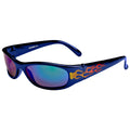 Sunglasses with a dark blue frame and colorful mirrored lenses feature stylized flaming designs on the sides, suggesting a sporty or adventurous style suitable for casual wear or outdoor activities.