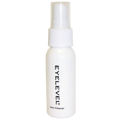 A white bottle labeled Eyelevel containing lens cleaner stands upright with a spray nozzle at the top in a simple and clean design.