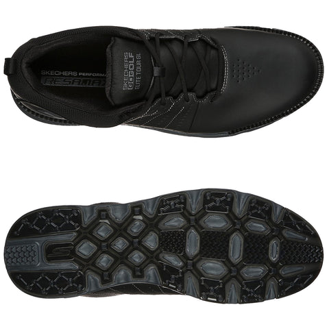 A pair of black athletic shoes is displayed from the top and bottom views. The shoes feature a sleek design with a patterned sole designed for traction and performance.