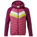 A hooded jacket features a combination of materials with a quilted front in pink and purple tones and a colored chevron design that includes white and light green sections, suitable for outdoor activities.