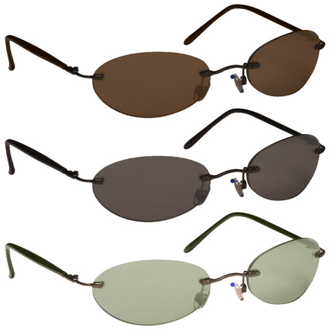 Four pairs of sunglasses are displayed stacked vertically featuring different lens colors including brown gray and green each with a sleek oval shape and wire frames.