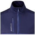 A dark blue jacket is displayed with a high collar and a front zipper highlighting a small chest pocket also with a zipper designed for outdoor or active wear