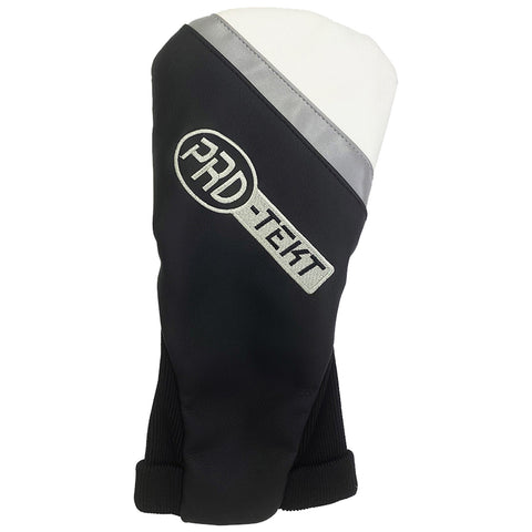 A black and white golf headcover is displayed upright with a silver stripe and logo on its side presenting a sleek and functional design typically used in athletic contexts.