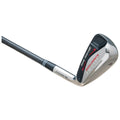 A golf club is displayed at an angle showcasing its polished metal head and black shaft while emphasizing its brand and model features as it rests against a plain white background.