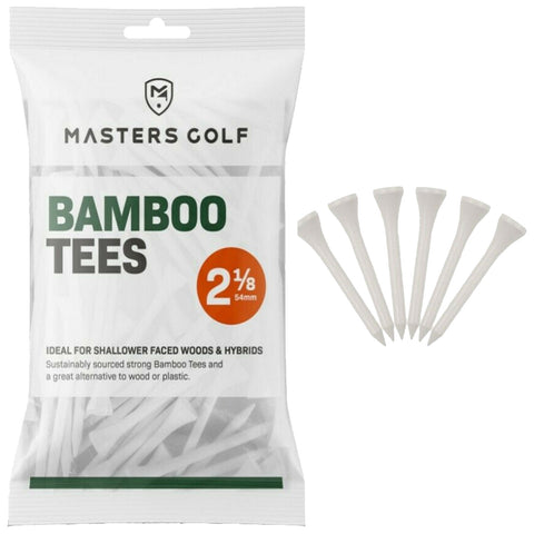 A package of golf tees is shown alongside several individual tees. The tees are made of bamboo and designed for use with shallow faced woods and hybrids. They are environmentally friendly.