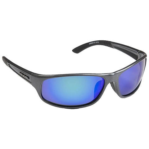 Stylish sunglasses with a black frame and blue mirrored lenses are positioned against a plain white background highlighting their design and color features.