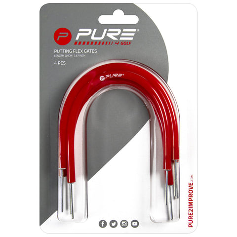 Four red golf putting flex gates are displayed on a gray background packaging. They are U-shaped with metal tips, designed to aid in putting practice. The product emphasizes improvement in putting skills.