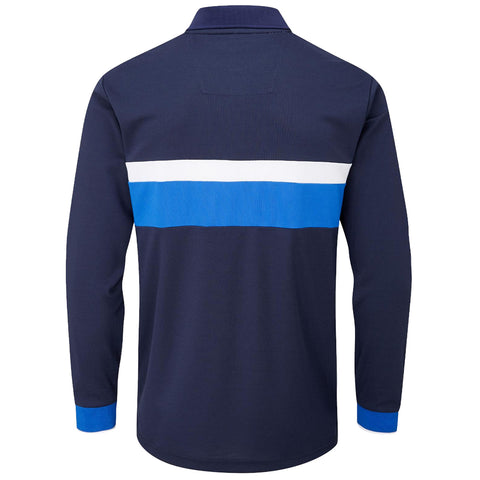 A dark navy long-sleeve polo shirt with a blue and white horizontal stripe across the midsection features a collar and contrasting cuffs at the sleeves in a lighter blue.