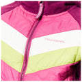 A colorful jacket featuring pink purple and green sections is partially unzipped showcasing the brand name Craghoppers prominently displayed on the front in a light color against the background.