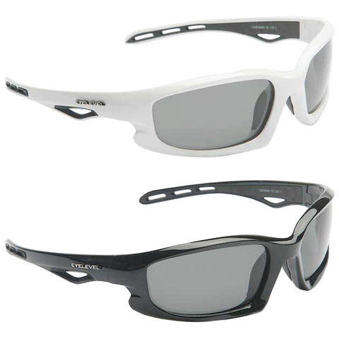 Two pairs of sunglasses are displayed one above the other the top pair is white with gray lenses and the bottom pair is black with gray lenses both have a sporty design.