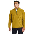 A male model is wearing a bright yellow half-zip pullover with ribbed sleeves in a neutral background his hands are relaxed at his sides while looking slightly to the side