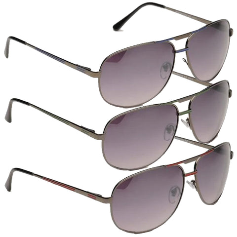 Three pairs of sunglasses are stacked vertically with each pair featuring tinted lenses and sleek metal frames showcasing different color accents on the temples in a clean, neutral background.