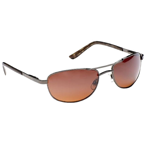 Sunglasses with a sleek metallic frame and gradient brown lenses are positioned facing forward suggesting a stylish accessory used for eye protection against sunlight in outdoor settings.