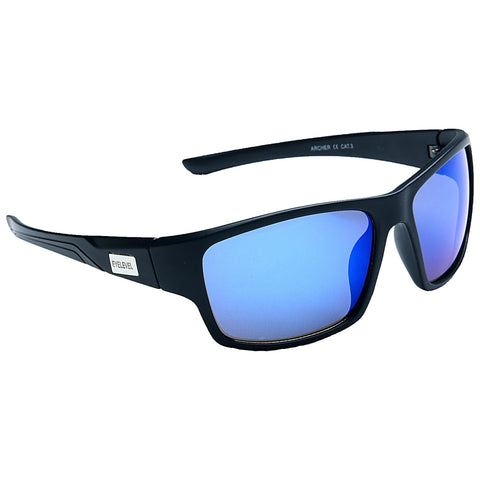 Sunglasses with a black frame and blue-tinted lenses are positioned at an angle showcasing their design and color in a bright and neutral environment