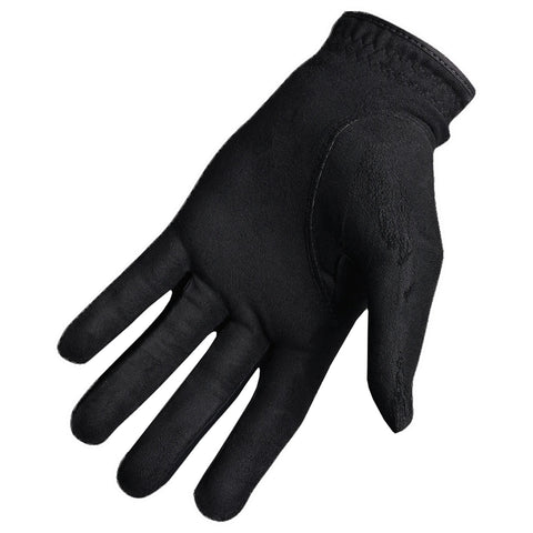 A black glove is displayed with fingers extended, suggesting an invitation to wear it. The glove appears smooth and fitted, set against a neutral background.