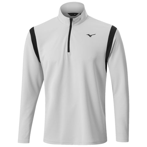 A white long-sleeve athletic shirt with a half-zip collar features black shoulder accents and a logo on the chest designed for sports or casual wear.