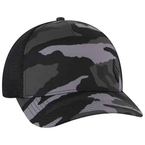 A black and gray camo baseball cap is displayed facing slightly to the side showcasing its design features in a neutral setting with no other objects present.