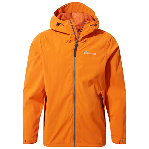 A bright orange jacket hangs visibly with a hood and zippered front featuring pockets on the sides showcasing a textured fabric ideal for outdoor activities in varied weather conditions