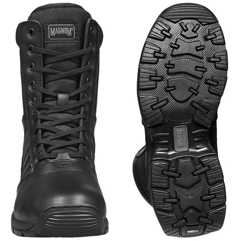 Black tactical boots are shown upright with laces tied above a patterned sole on a white background highlighting their sturdy design and grip suitable for outdoor and professional use