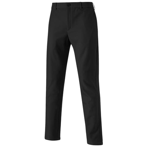 Black pants stand upright displaying a sleek design with a smooth fabric finish and a front button closure, typically found in a retail or display context.