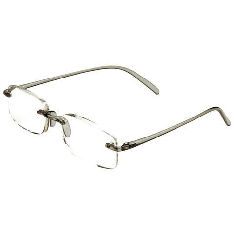 A pair of rectangular eyeglasses with clear lenses is positioned horizontally featuring slender metallic frames and elongated temple arms in a minimalist style against a plain background.