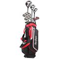 A golf bag with several clubs is standing upright the clubs feature shiny silver heads and are arranged in a way that showcases their size and shape the bag has a black and red design with a logo.