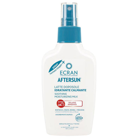 A white spray bottle with a blue cap labeled ECRAN AFTERSUN contains soothing moisturizing milk designed for after-sun use offering immediate relief and rapid absorption in a travel-friendly format.