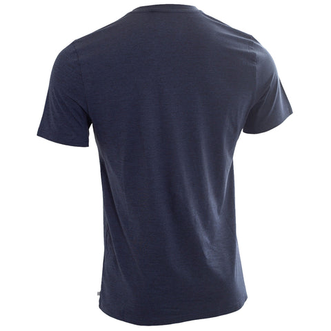 A dark blue short-sleeved t-shirt is displayed from the back against a plain white background highlighting its fabric texture and fit without any visible logos or designs.