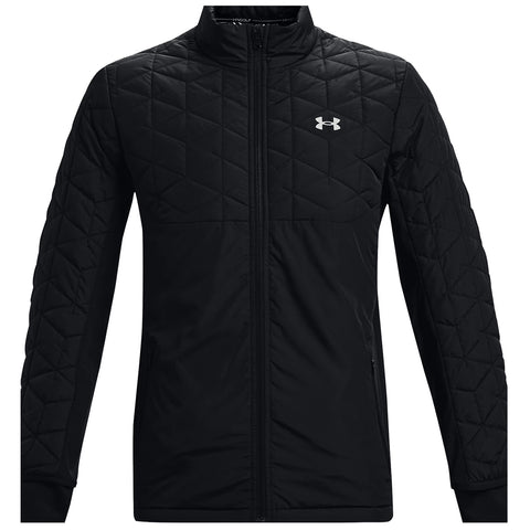 A black insulated jacket features quilted patterns on the shoulders and sleeves with a full front zipper and a high collar suitable for outdoor activities in cool weather.