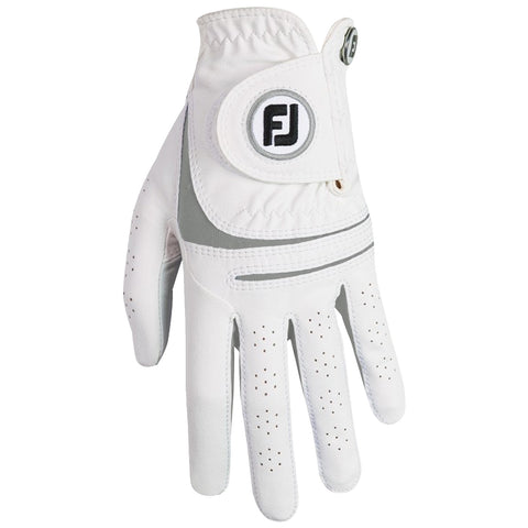 A white golf glove is displayed with a closed wrist strap featuring a logo Two finger sections are perforated for breathability The glove is designed for better grip during golfing