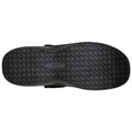 A black shoe sole featuring a textured grip pattern lays flat the background is plain without any additional elements indicating its purpose for slip resistance.