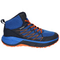 Blue and black mid-top sports shoe with orange laces and sole positioned upright against a plain background showcasing a textured upper and detailed sole design suitable for outdoor activities.